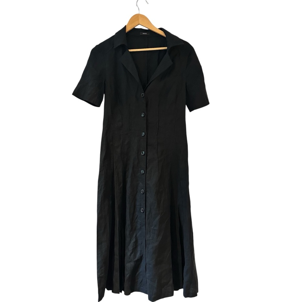 Riani Black 100% Linen Button Up Maxi‎ Dress Slits Size 6